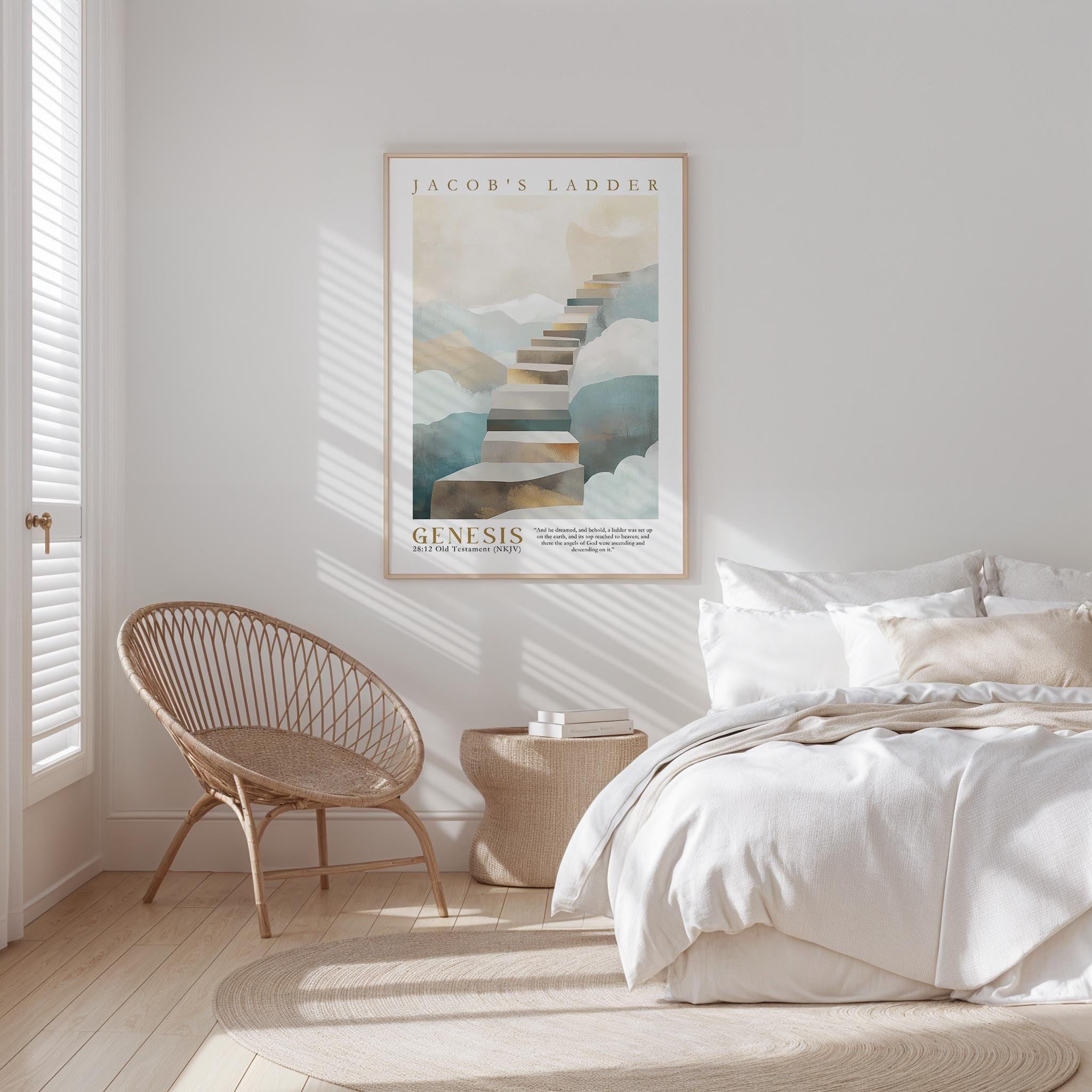 A bedroom with a bed, a woven chair, and a framed poster of a staircase on the wall.
