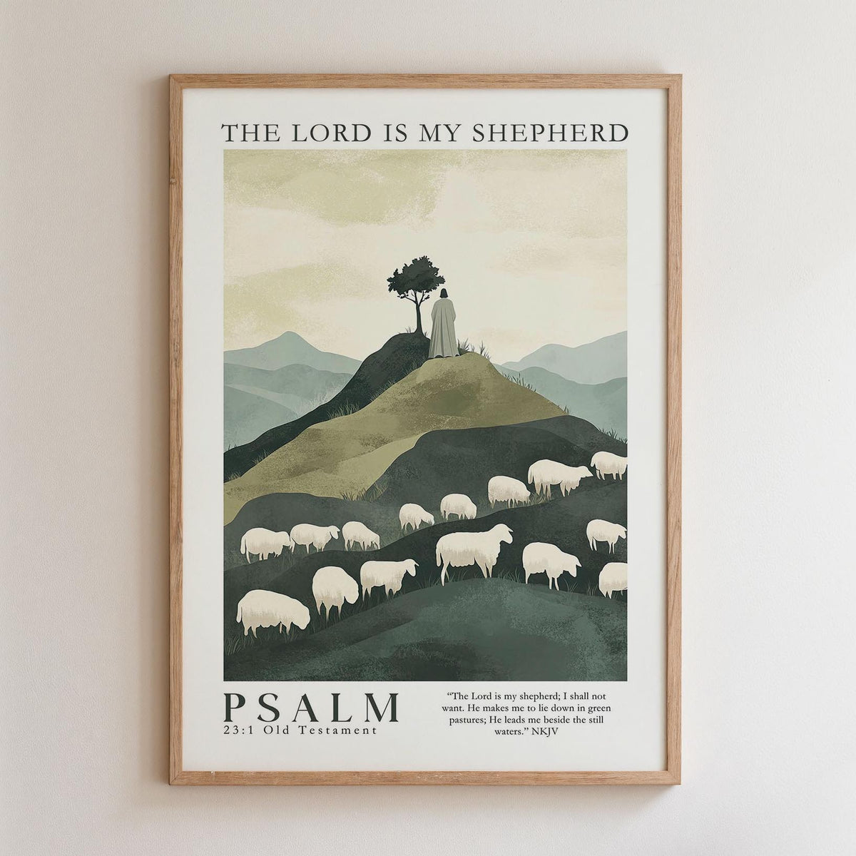 The image is a framed poster depicting a pastoral scene with a shepherd tending to his flock of sheep on a hillside. The text "THE LORD IS MY SHEPHERD" is prominently displayed at the top, and the phrase "PSALM 23:1 Old Testament" is at the bottom.