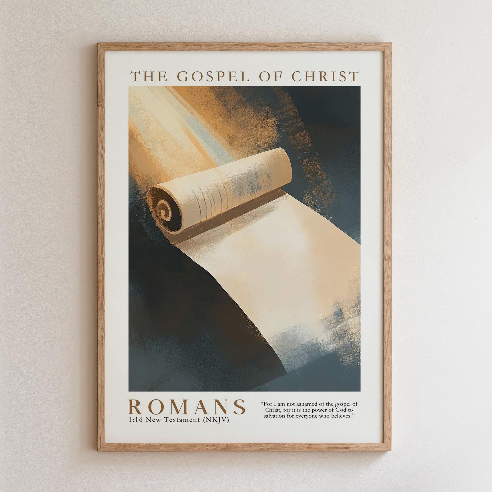 The image is a framed poster with a roll of paper on it, and it features a Bible verse from the New Testament.