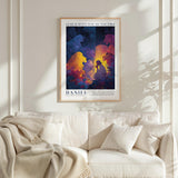 a framed poster of a colorful illustration of a person in a religious scene, hanging on a wall above a white couch.