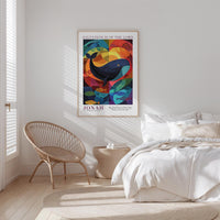 a bedroom with a bed, a woven chair, and a colorful abstract poster on the wall.