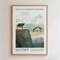 The image is a framed poster with a coastal scene featuring two houses on a cliff overlooking the ocean. The poster has a minimalist design with a focus on the houses and the ocean.