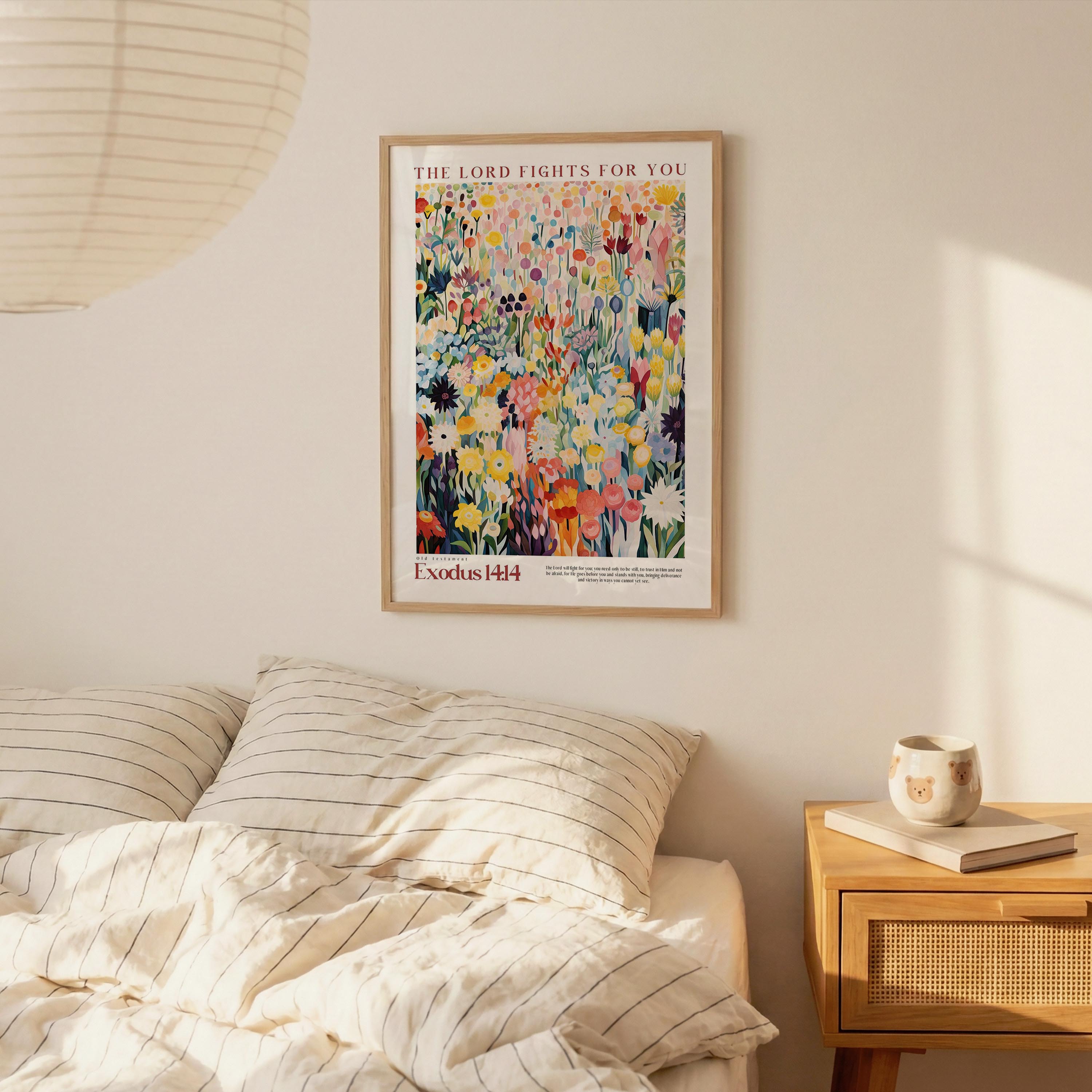 a bedroom scene with a bed, a nightstand, and a poster of a colorful floral design hanging on the wall above the bed.