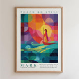 The image is a framed poster with a colorful abstract design depicting a person in a boat on a body of water. The poster has a religious theme, as indicated by the text "PEACE BE STILL" and "MARK 4:39 New Testament".