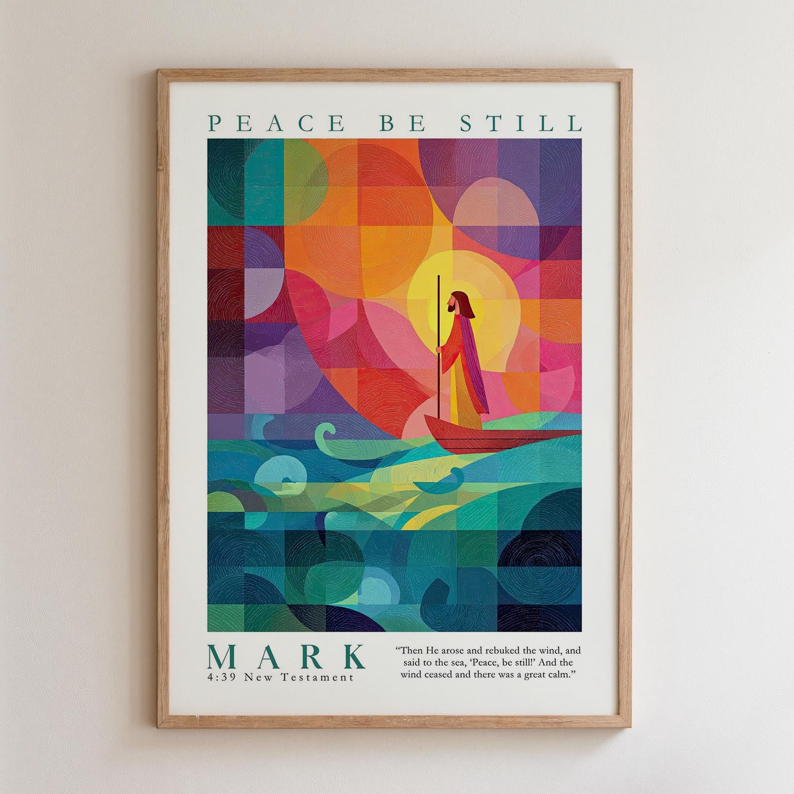 The image is a framed poster with a colorful abstract design depicting a person in a boat on a body of water. The poster has a religious theme, as indicated by the text "PEACE BE STILL" and "MARK 4:39 New Testament".