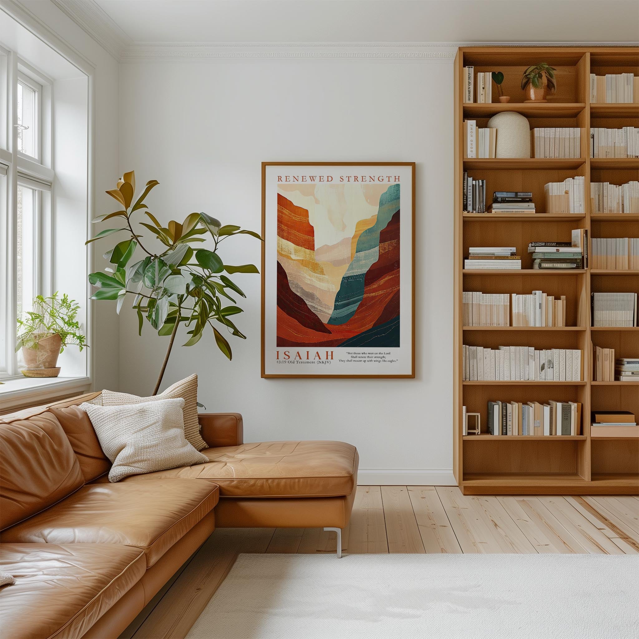 a cozy living room with a large bookshelf filled with books, a comfortable leather couch, and a large abstract painting hanging on the wall.