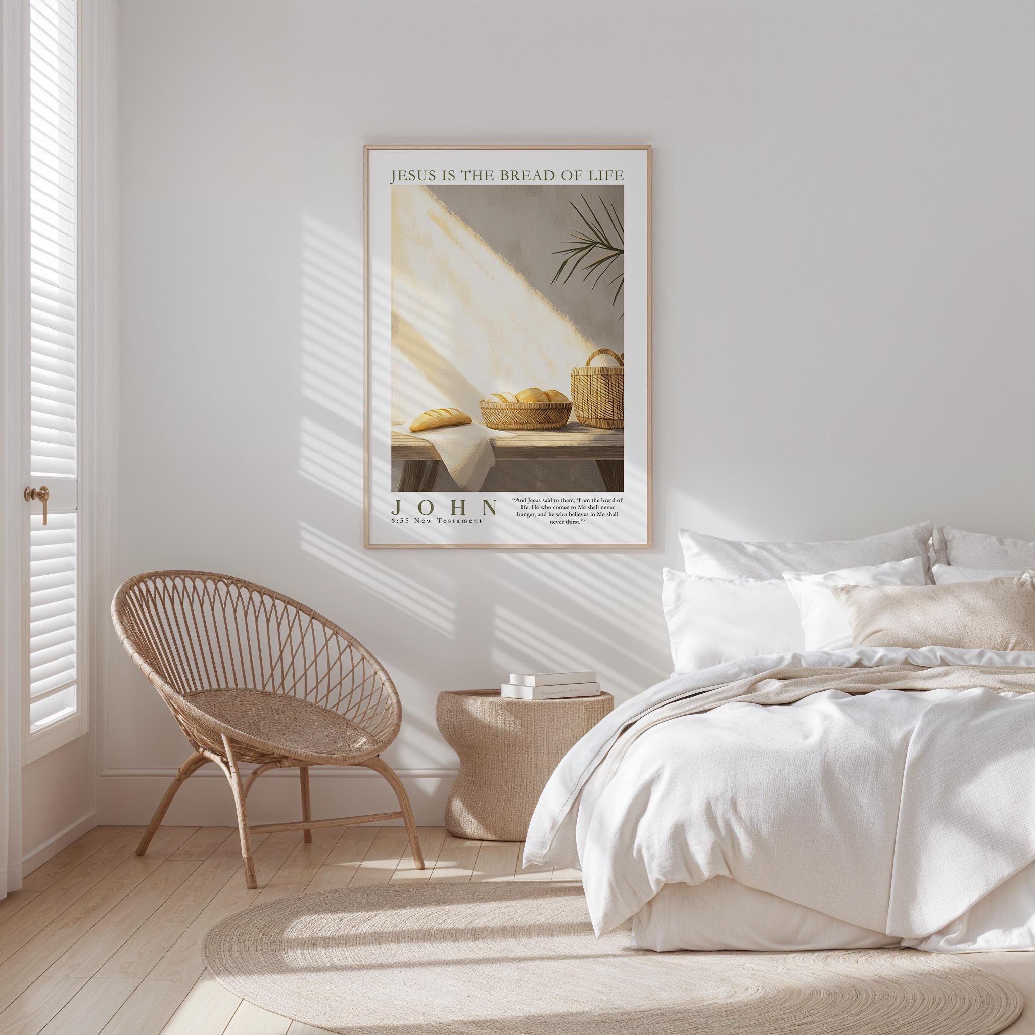 A bedroom with a bed, a woven chair, and a framed poster of a still life of bread and fruit on the wall.