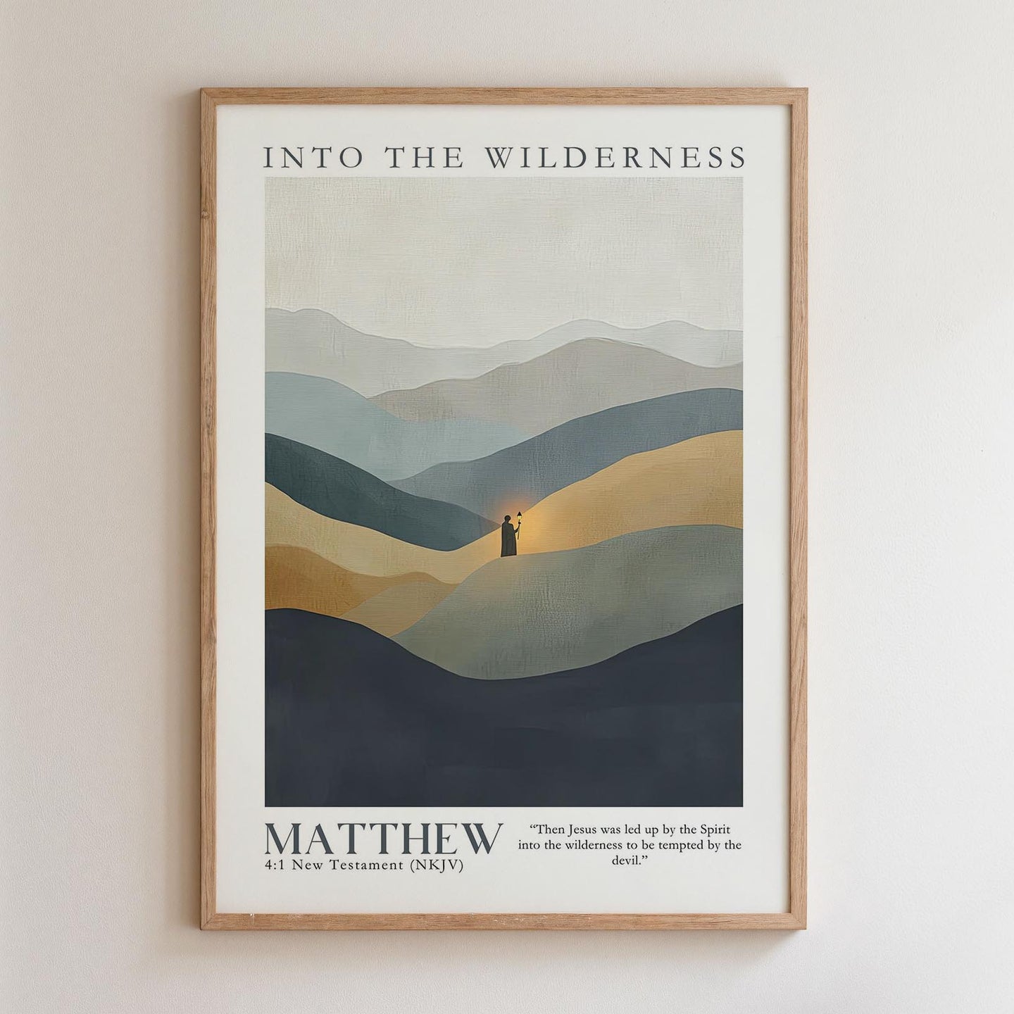 The image is a framed poster with a landscape scene depicting mountains and a person standing in the middle of the mountains. The poster has a minimalist design with a focus on the natural elements.