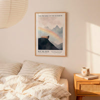a bedroom setting with a framed poster of a mountain landscape hanging on the wall above a bed with striped bedding.