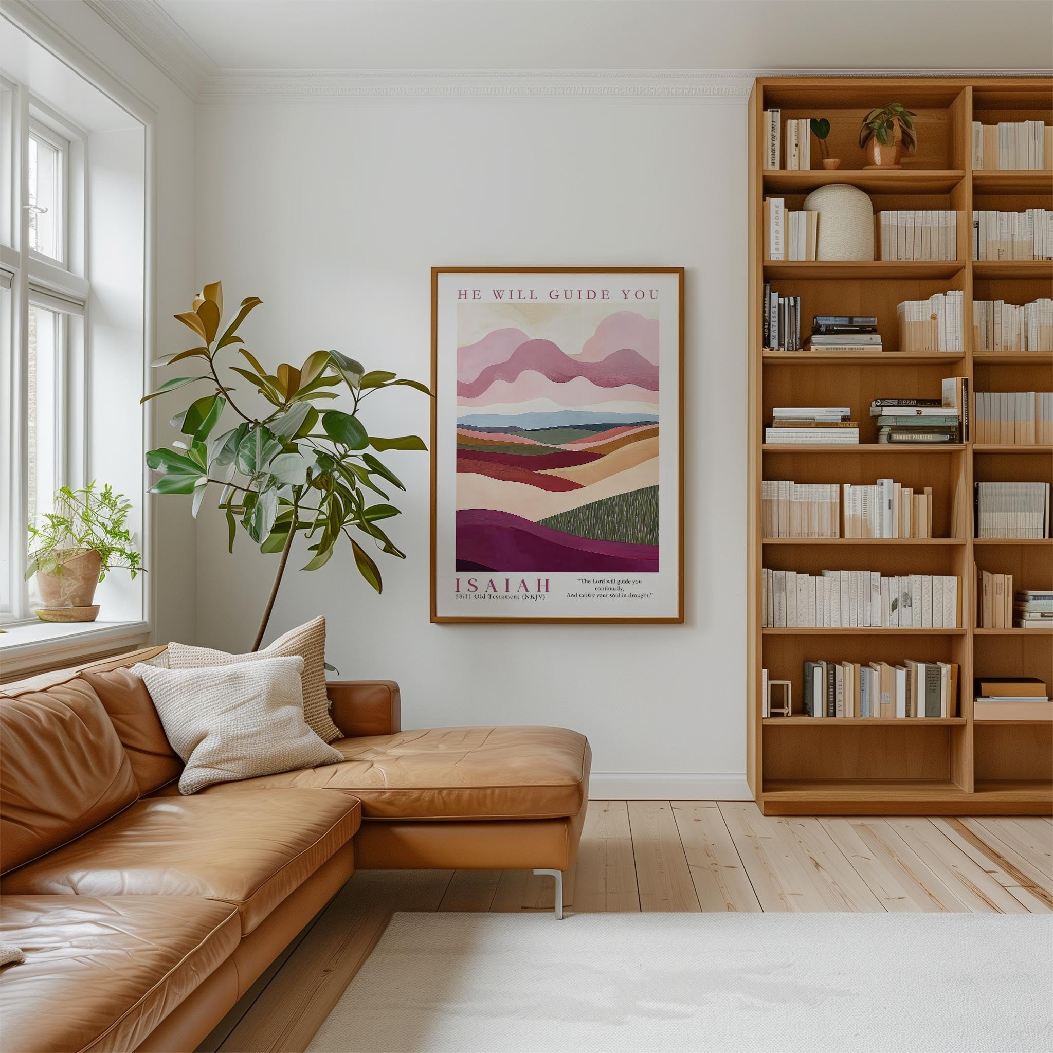 a cozy living room with a large bookshelf filled with books, a comfortable leather couch, and a large window with a plant. The room has a warm and inviting atmosphere, with a framed poster of a landscape on the wall and a potted plant adding a touch of greenery.