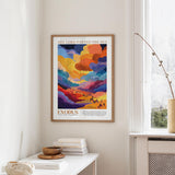 a framed poster of a colorful landscape with a text overlay that reads "The Lord Parted the Sea" and "Exodus 21:11 Old Testament".