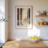 a kitchen counter with a bowl of lemons, a framed poster of a person, and a shelf with jars and containers.
