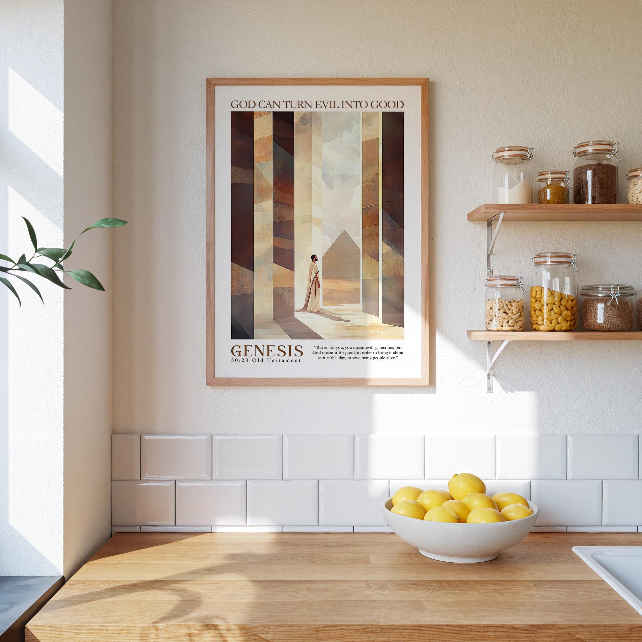 a kitchen counter with a bowl of lemons, a framed poster of a person, and a shelf with jars and containers.