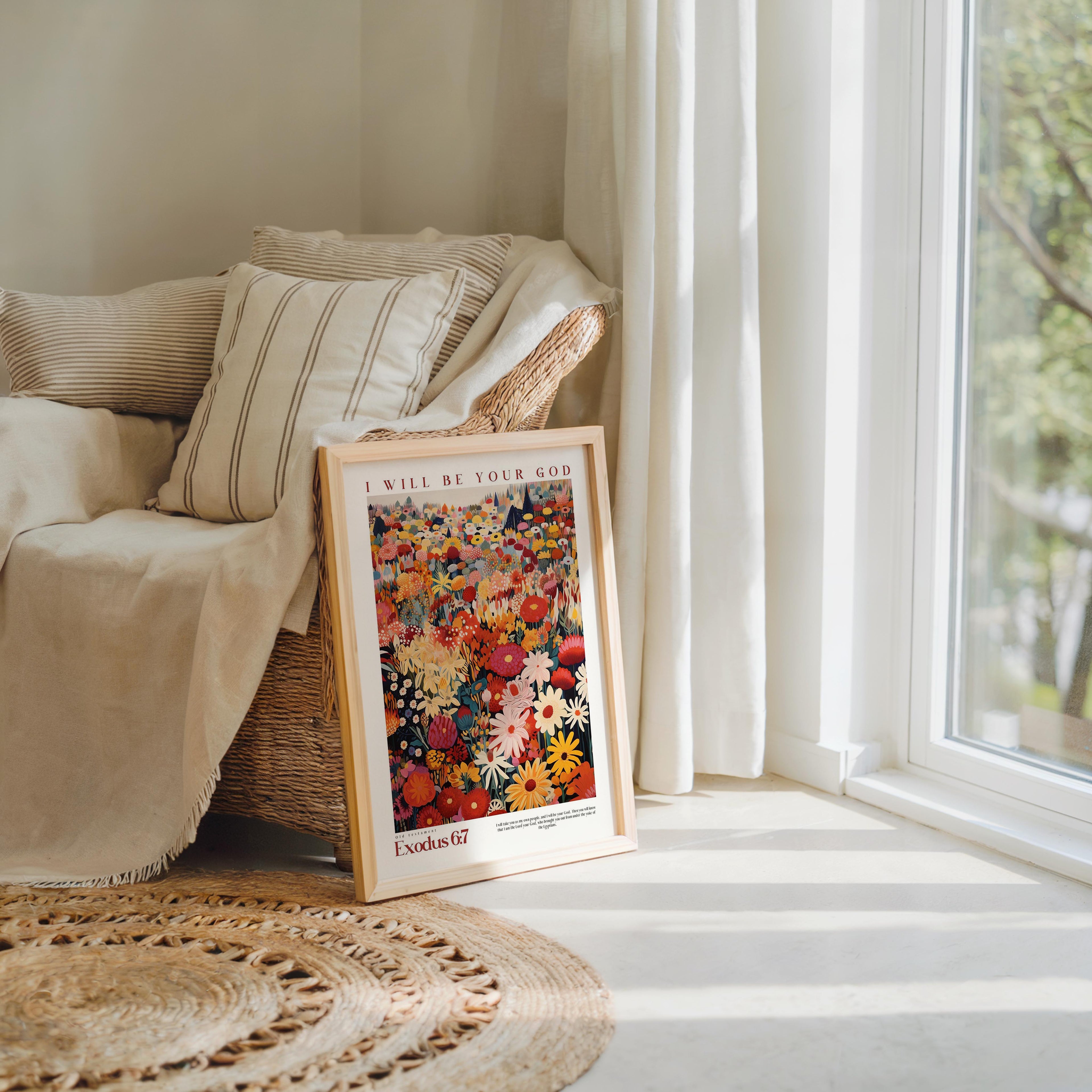 A framed poster of a colorful floral design is propped up against a beige armchair in a cozy living room, with a large window and a woven rug visible in the background.