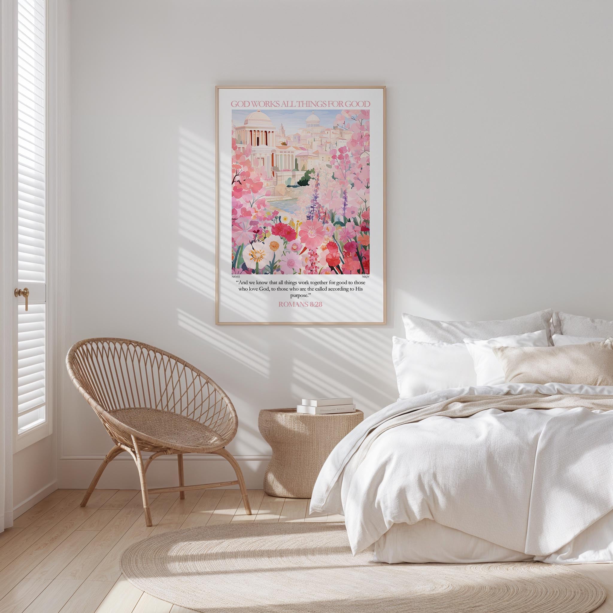 A bedroom with a large bed, a woven chair, and a framed poster of a garden scene on the wall.