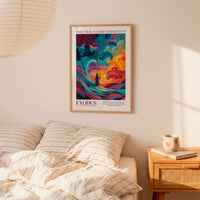 a poster of the Ten Commandments hanging on a wall above a bed with striped pillows.