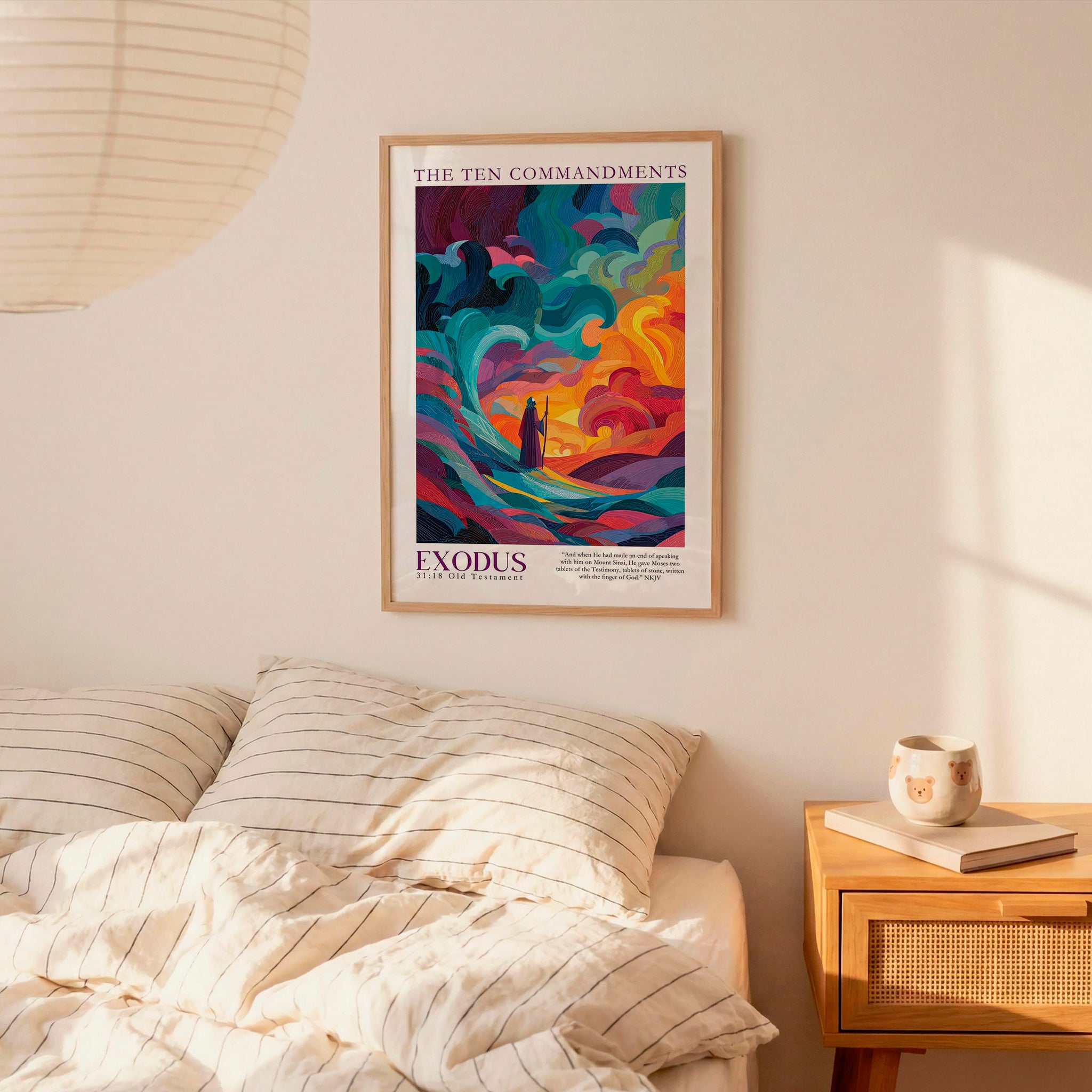 a poster of the Ten Commandments hanging on a wall above a bed with striped pillows.