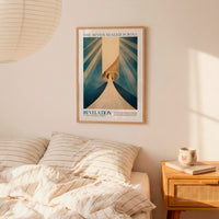 a bedroom setting with a framed poster of a spiral staircase on the wall above a bed with striped bedding.