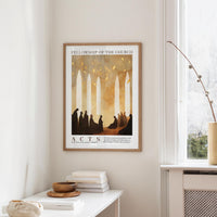 a framed poster of a group of people in a church, hanging on a wall in a room with a window and a table with books and a bowl on it.