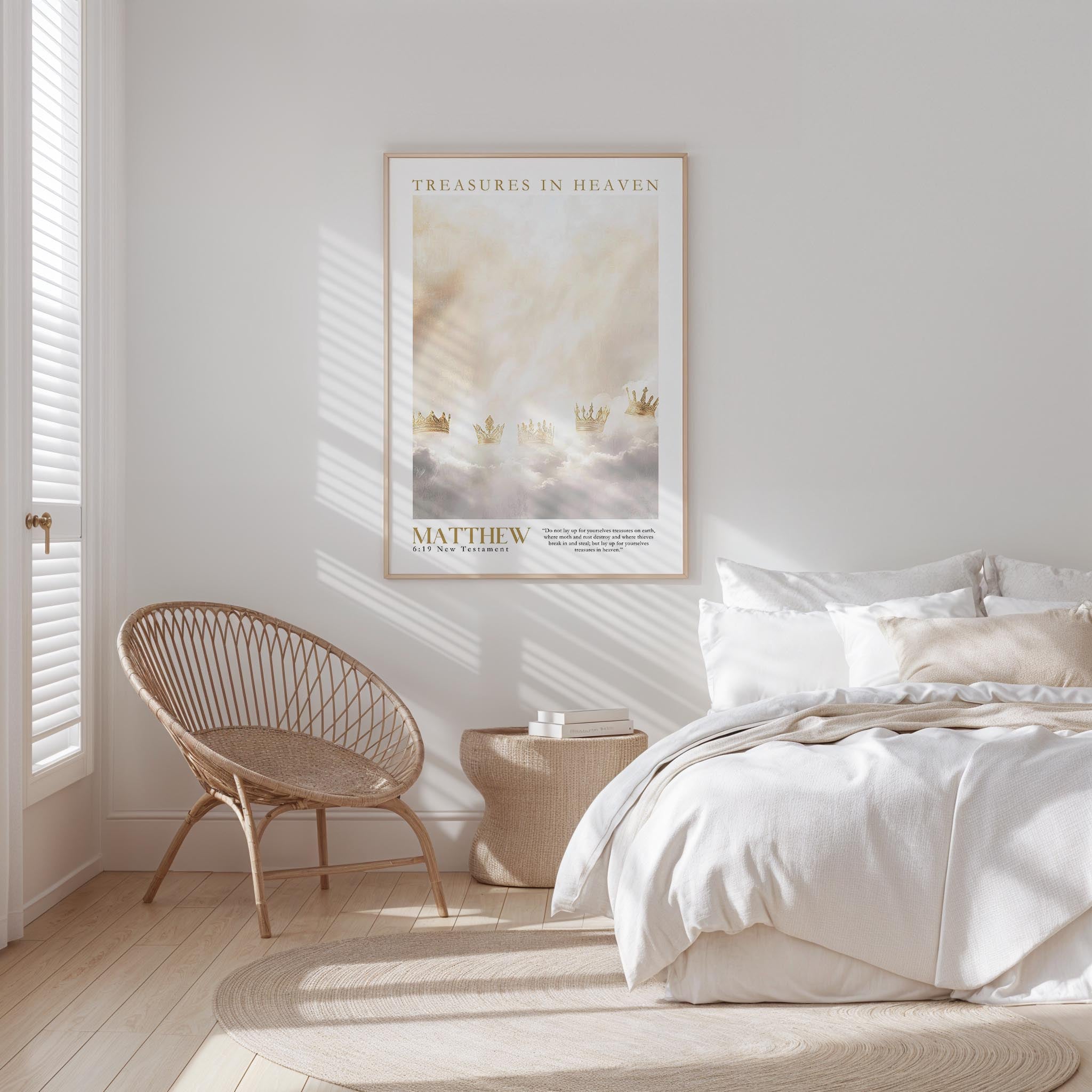 A serene bedroom with a large bed, a woven chair, and a framed poster of a golden crowning the word "MATTHEW" above it.