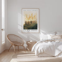 a serene bedroom scene with a bed, a woven chair, and a framed poster on the wall.