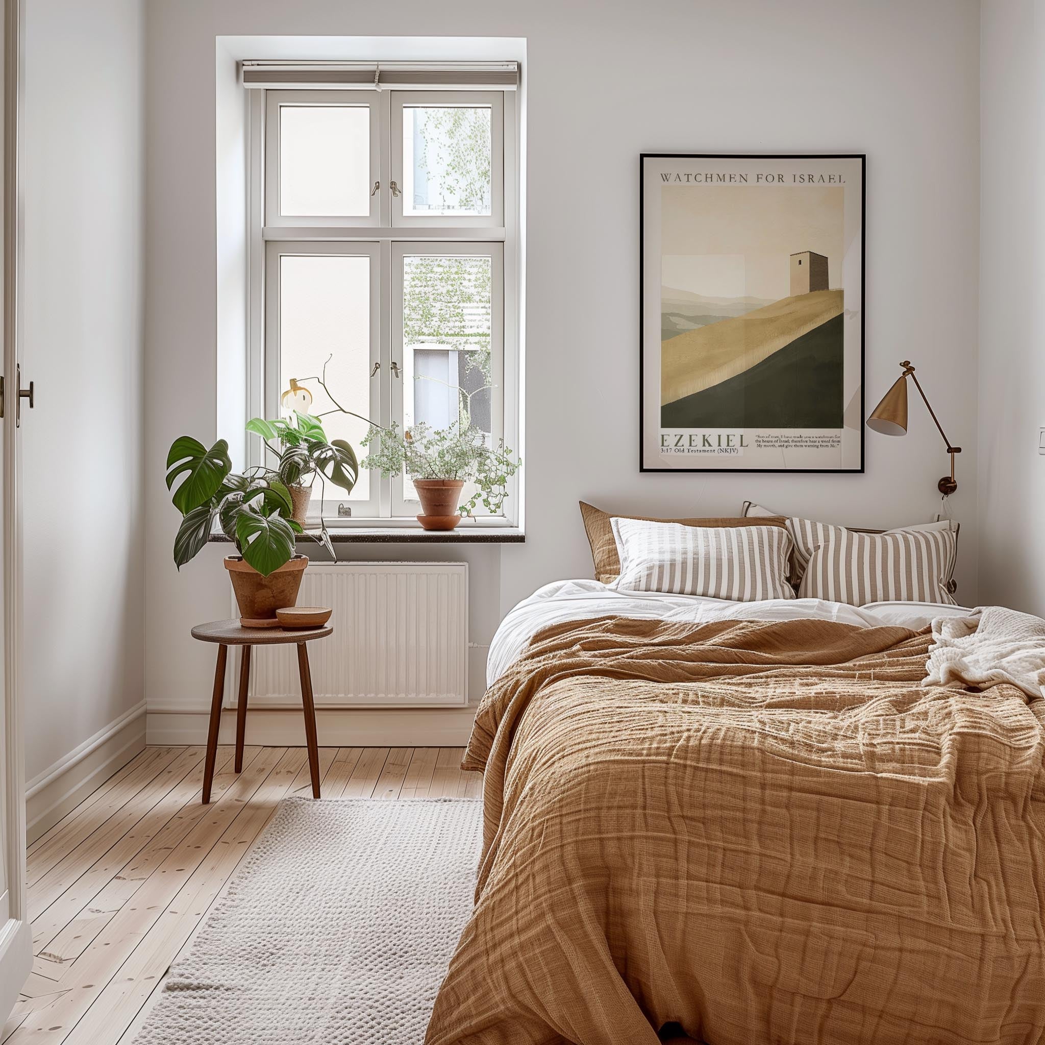 A cozy bedroom with a large bed, a wooden nightstand, and a potted plant. The room has a neutral color scheme with white walls and a wooden floor. A framed poster on the wall adds a decorative touch, and a window with a plant on the sill brings a touch of nature into the space.