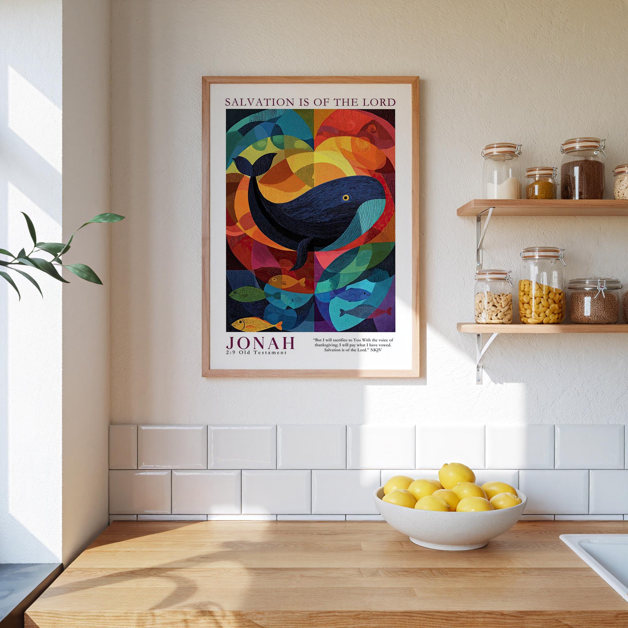 A framed poster of a colorful abstract design hangs on a white wall above a wooden countertop with a bowl of lemons.