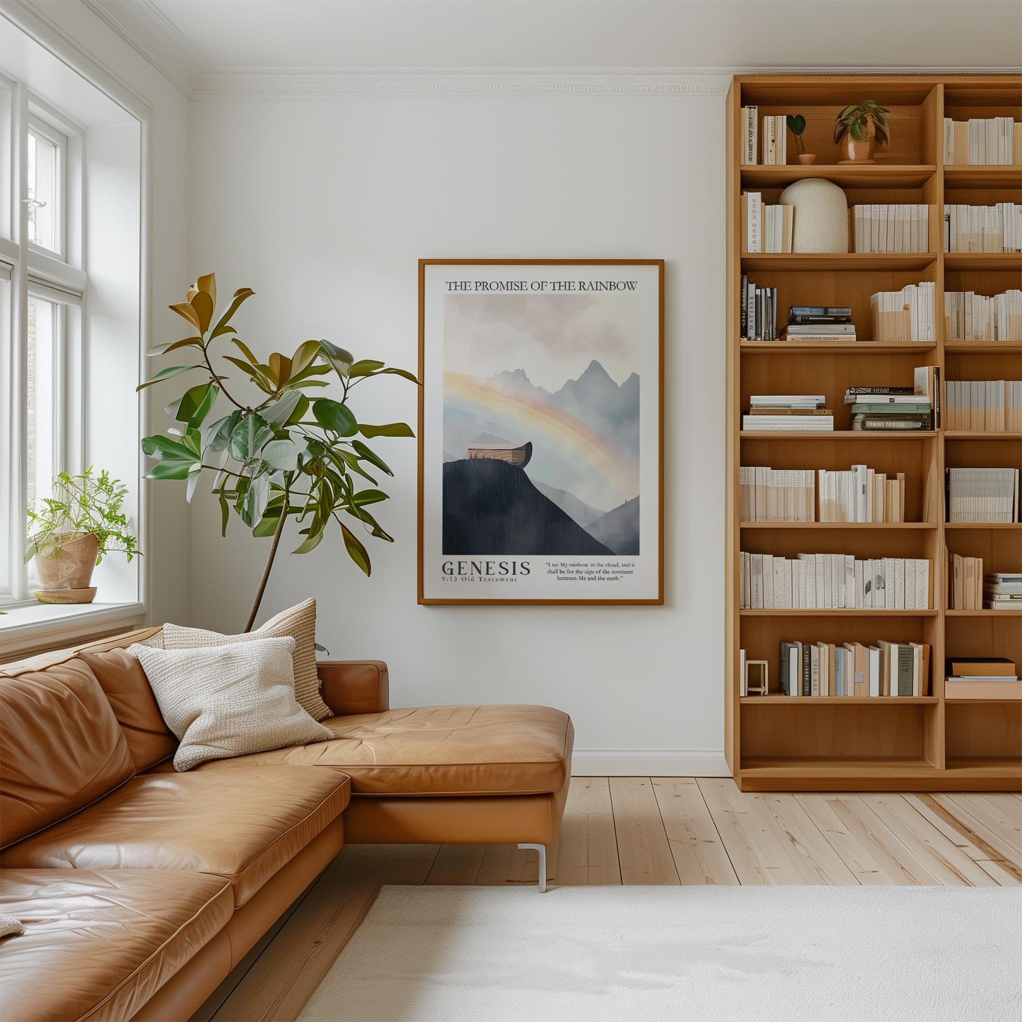 a cozy living room with a large bookshelf filled with books, a comfortable leather couch, and a framed poster of a mountain landscape with a rainbow.