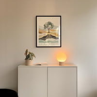 a minimalist interior design with a framed poster of a tree and mountains hanging on a white wall above a white cabinet with a plant and a lamp on top.