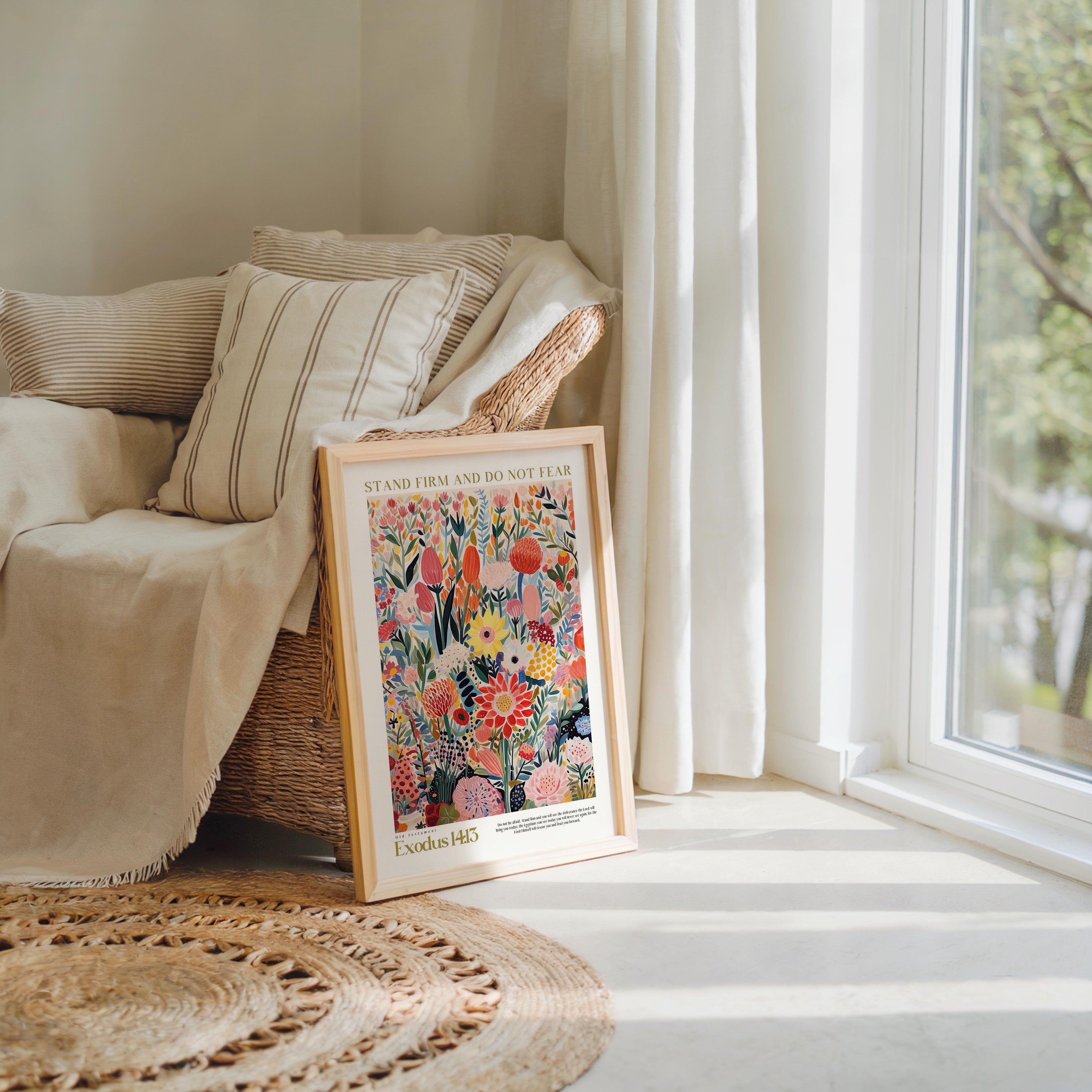 a framed poster of a colorful floral design, placed on a wooden floor next to a window with white curtains.