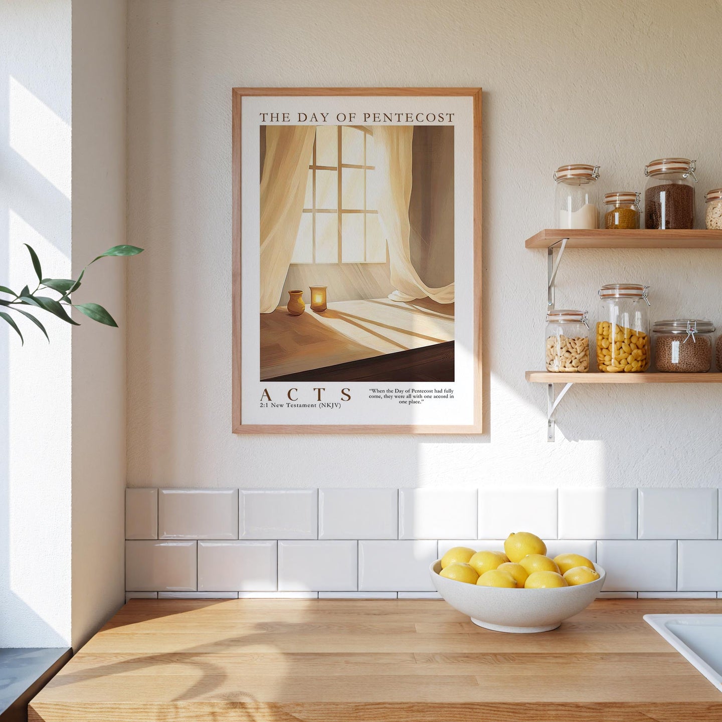 a kitchen scene with a framed poster of a window and curtains, a wooden counter with a bowl of lemons, and shelves displaying various jars and containers.