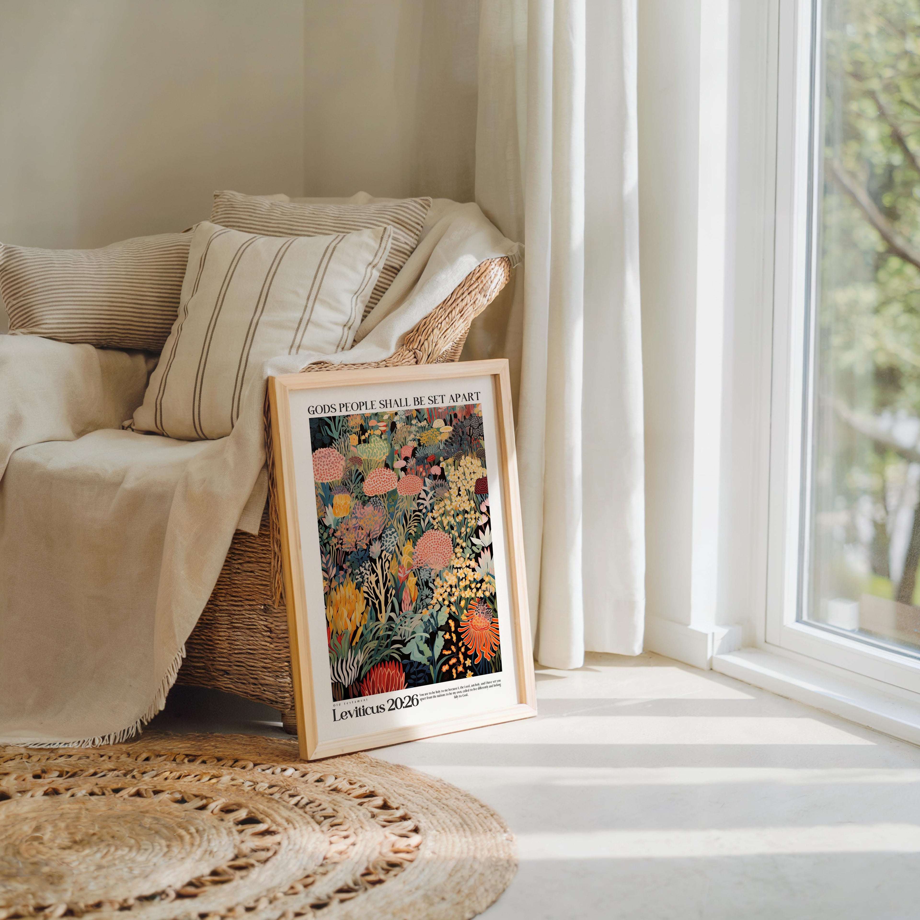 A framed poster of a colorful floral print is propped up against a beige sofa in a cozy living room, with a large window and a woven rug visible in the background.