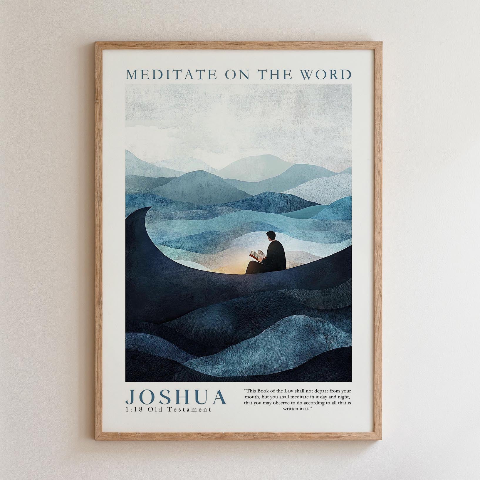 The image is a framed poster with a serene landscape depicting a person sitting in a boat on a body of water, surrounded by mountains and a sunset. The text on the poster reads "MEDitate on the word" and "JOSUA 1:18 Old Testament".