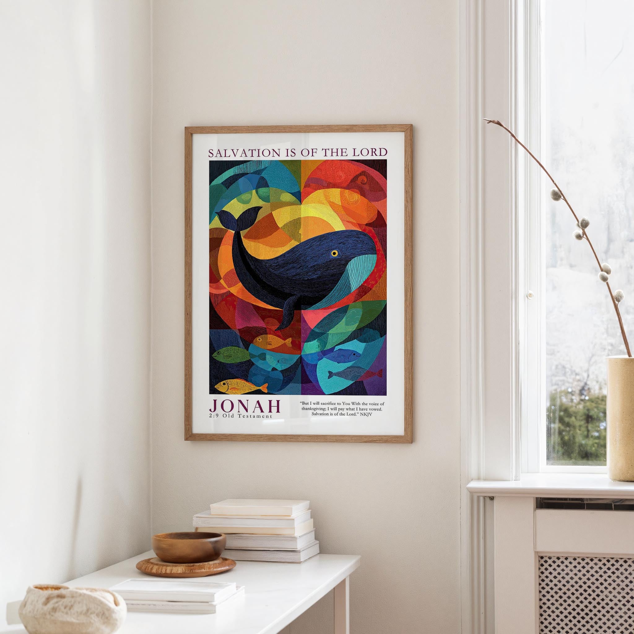 a framed poster of a colorful abstract whale on a wall, with a window and a table with books and a vase in the foreground.