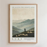 The image is a framed poster depicting a pastoral scene with a shepherd tending to his flock of sheep in a mountainous landscape.