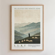 The image is a framed poster depicting a pastoral scene with a shepherd tending to his flock of sheep in a mountainous landscape.