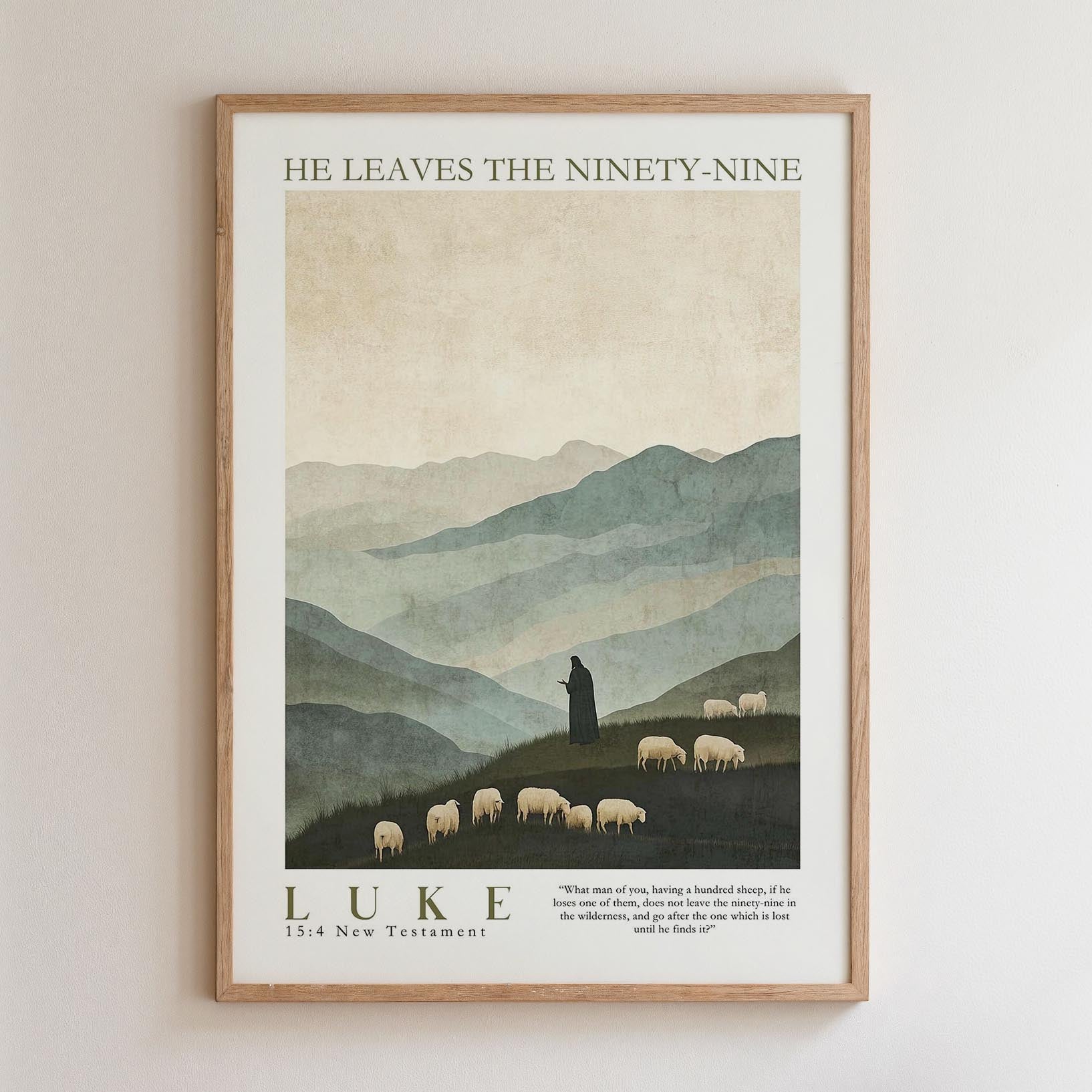 The image is a framed poster depicting a pastoral scene with a shepherd tending to his flock of sheep in a mountainous landscape.