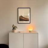 a minimalist interior design with a framed poster of a desert landscape above a white cabinet, which has a plant and a lamp on top of it.