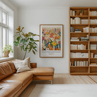 a cozy living room with a large bookshelf filled with books, a comfortable leather couch, and a potted plant. A framed poster with a colorful floral design hangs on the wall, adding a decorative touch to the space.