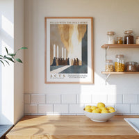 a kitchen scene with a framed poster of a group of people in a church, a wooden counter with a bowl of lemons, and shelves with various jars and containers.