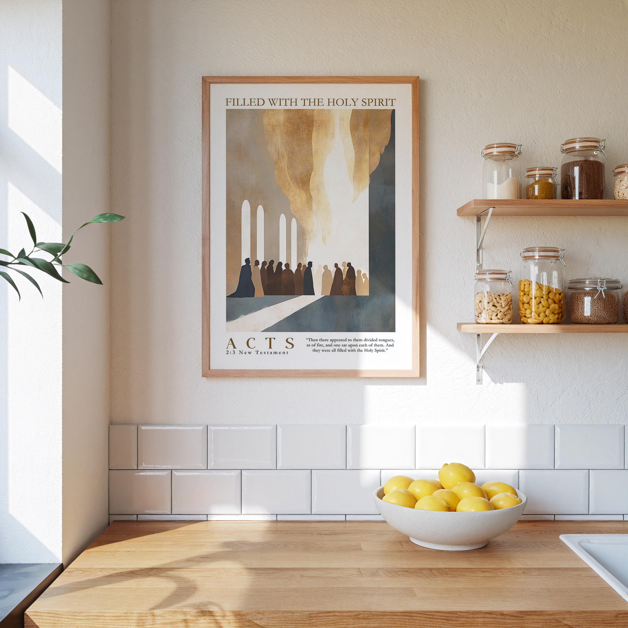 a kitchen scene with a framed poster of a group of people in a church, a wooden counter with a bowl of lemons, and shelves with various jars and containers.