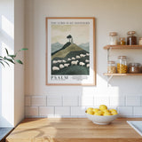 a kitchen scene with a framed poster of a pastoral landscape hanging on the wall, a wooden counter with a bowl of lemons, and shelves displaying various jars and containers.