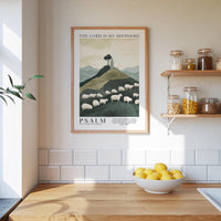 a kitchen scene with a framed poster of a pastoral landscape hanging on the wall, a wooden counter with a bowl of lemons, and shelves displaying various jars and containers.
