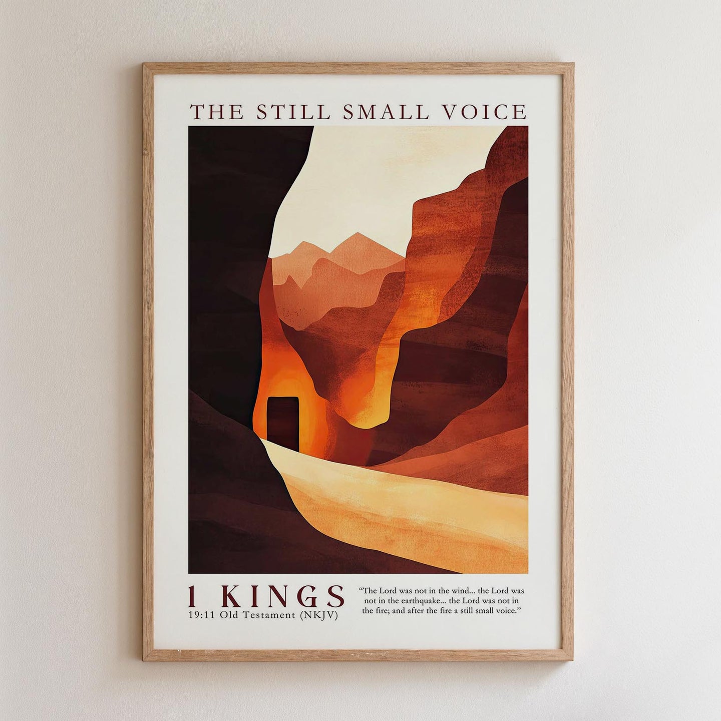 The image is a framed poster with a desert landscape and mountains in the background. The poster has a minimalist design with a focus on the colors and shapes.