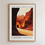 The image is a framed poster with a desert landscape and mountains in the background. The poster has a minimalist design with a focus on the colors and shapes.