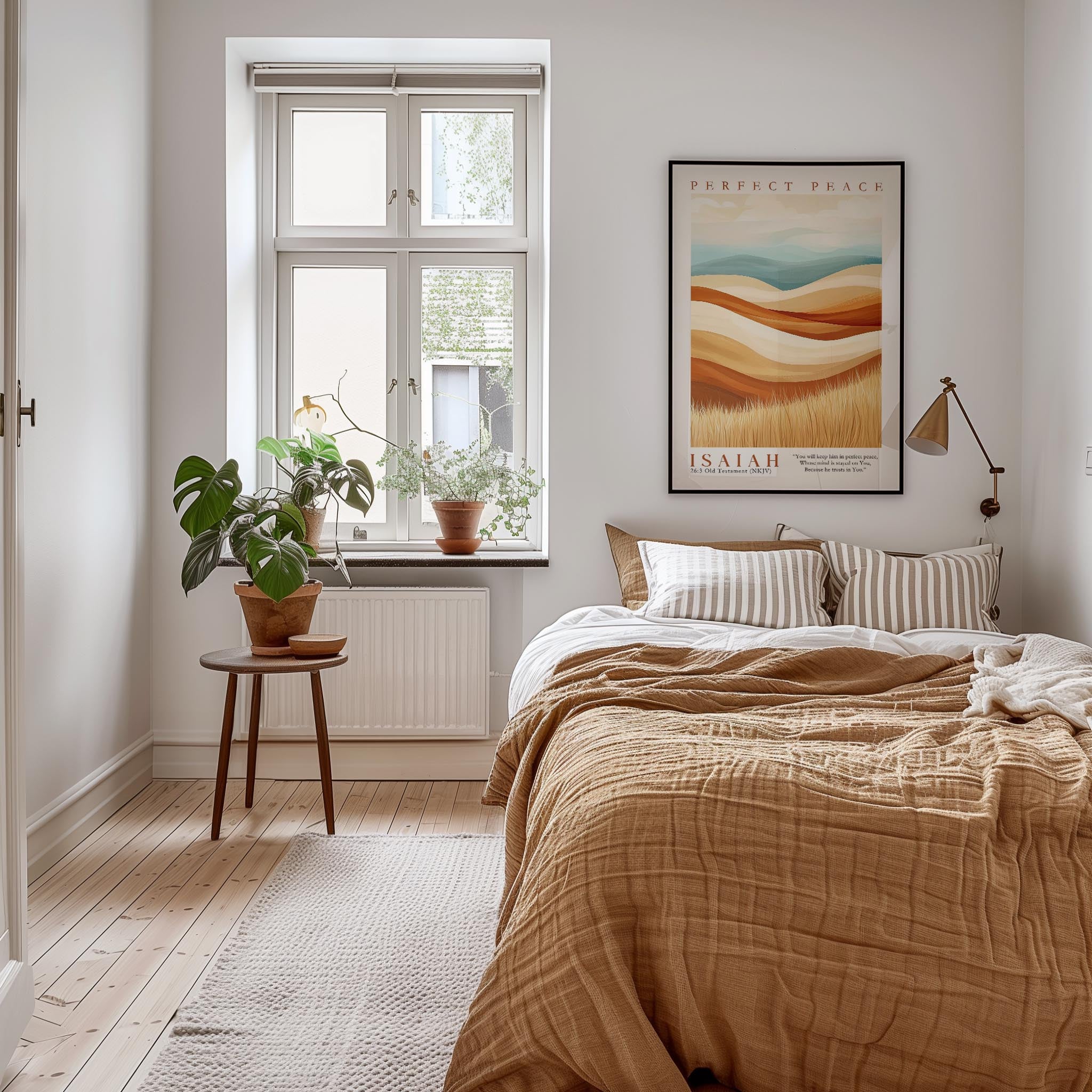 A cozy bedroom with a large bed, a nightstand, and a framed poster on the wall. The room has a warm, inviting atmosphere with natural light coming through a window.