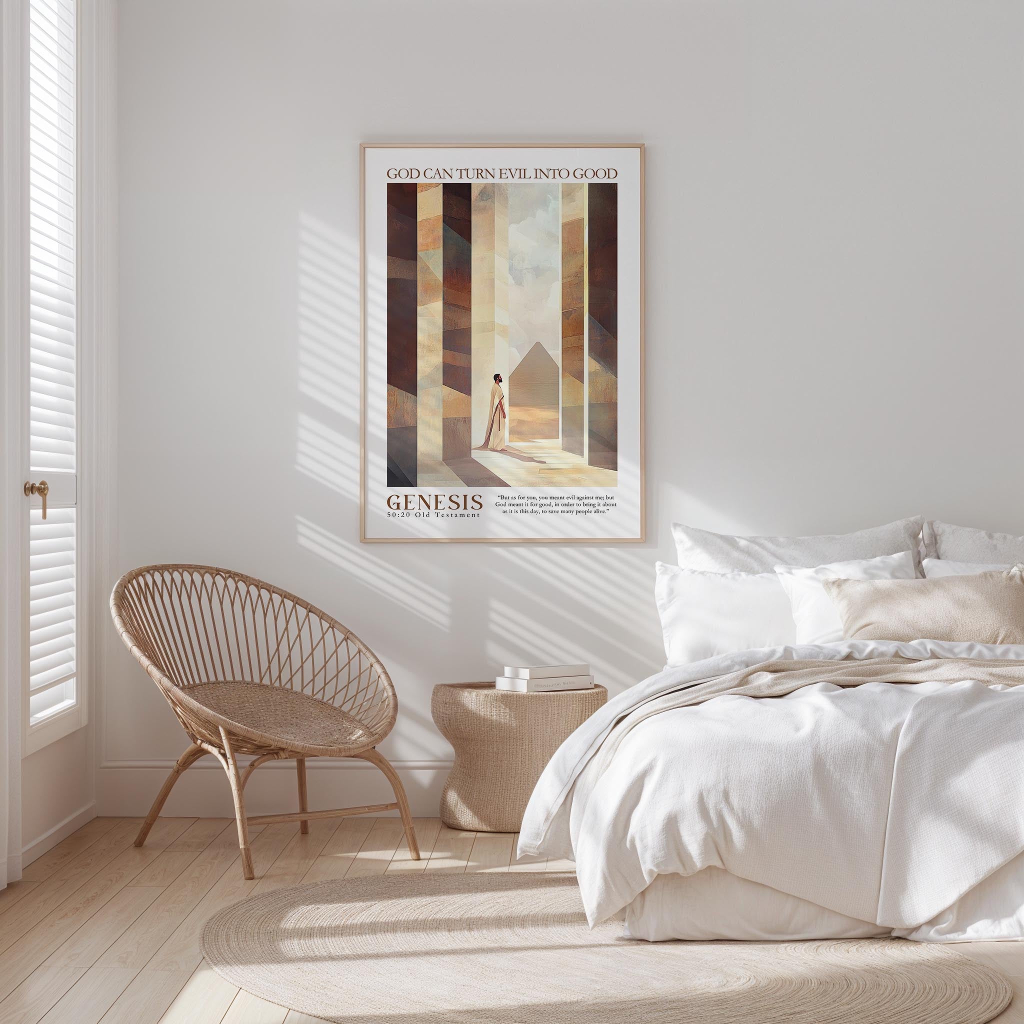 A bedroom with a bed, a woven chair, and a framed poster on the wall.