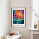 a colorful abstract painting hanging on a wall, with a quote below it.