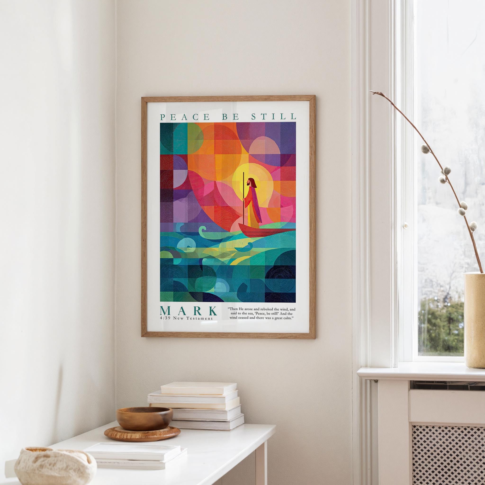 a colorful abstract painting hanging on a wall, with a quote below it.