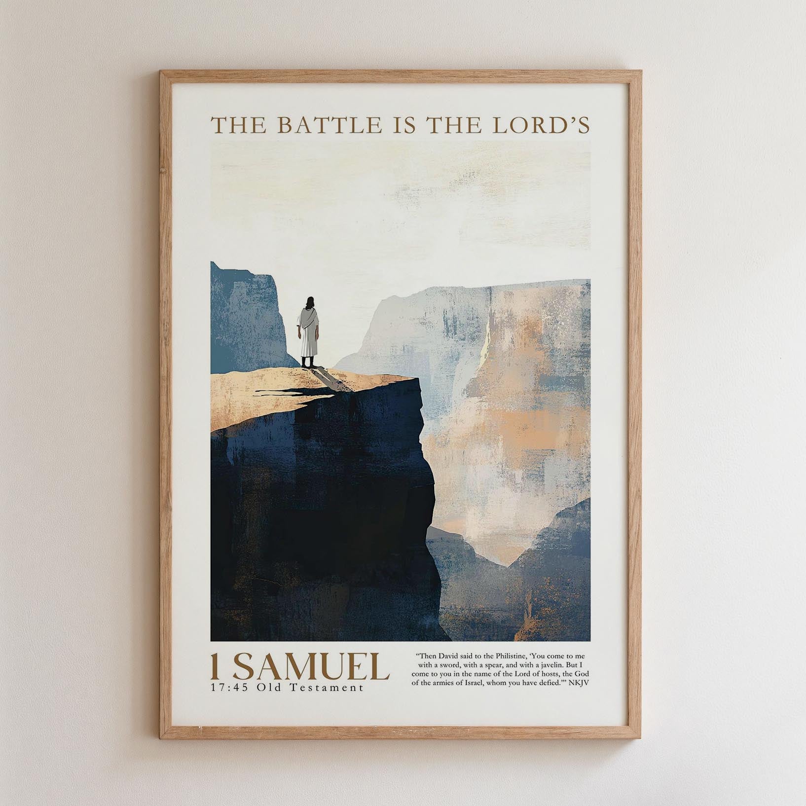 The image is a framed poster depicting a person standing on a cliff overlooking a mountainous landscape. The poster includes a biblical verse from 1 Samuel, which reads "The battle is the Lord's battle."